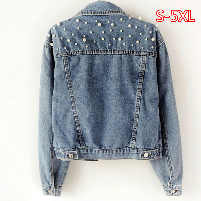 Plus size parel kralen korte denim jasjes 3xl 5xl dames wit gewassen lange mouwen vintage casual jeans jasje bomber denim jas