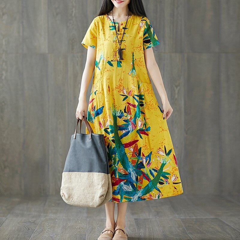 Etniske kjoler sommerkjole vintage femme kortærmet lang kjole print folklore retro vestido kjole i kinesisk stil  ta1646