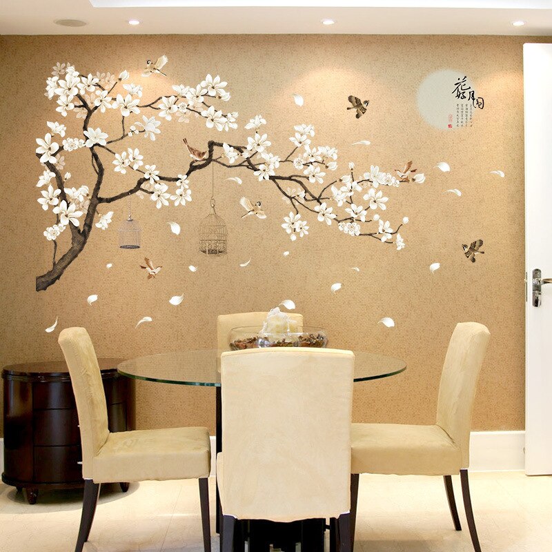 Pegatinas de pared de estilo chino para niños, papel tapiz de árbol con autosellado de flores y pájaros, vinilo decorativo para pared de dormitorio, 187X128cm
