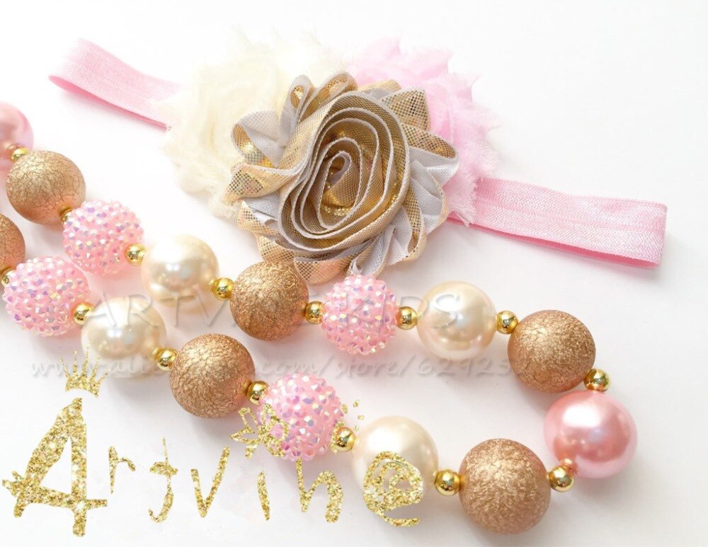 Goud & Roze Shimmer Bubblegum Kralen Ketting Voor Meisjes, Goud Verjaardag, Baby Ketting C1