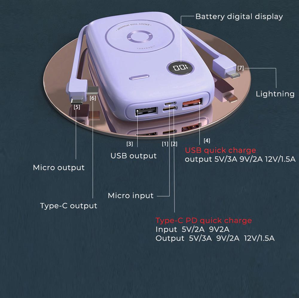 Banco de potência de liberfeel 10000mah pd18w carga rápida display digital powerbank com tipo-c android iso iluminação 3 em 1 construído em cabo