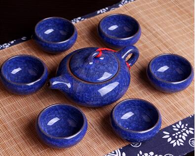 Chinese Kungfu Tea Sets Ice break Porcelain Tea Pot Tea Cups (7pcs) Tea Service Set: Blue