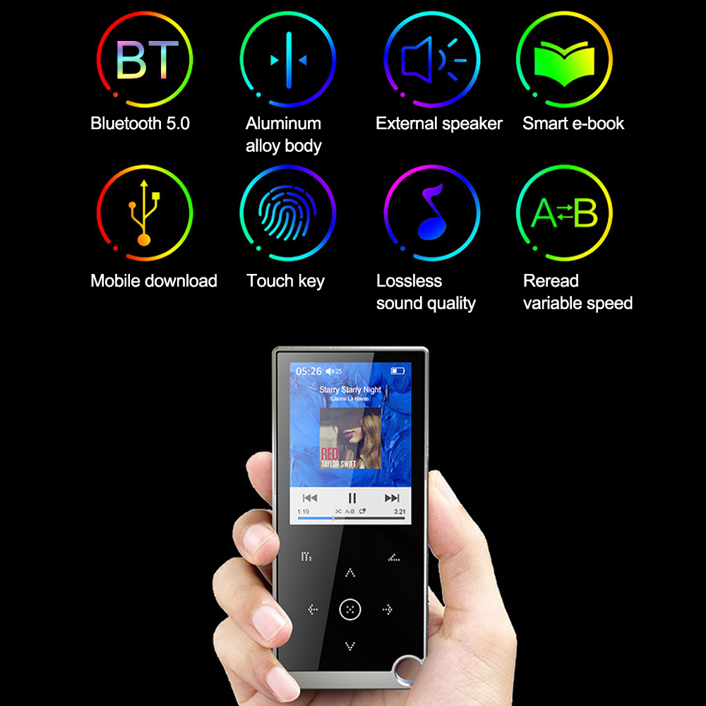 2,4-calowy ekran Bluetooth5.0 Odtwarzacz Mp3 Przycisk dotykowy Przenośny sprzęt audio Bezstratna muzyka Hifi Walkman FM/Ebook/nagrywarka/odtwarzacz wideo MP4