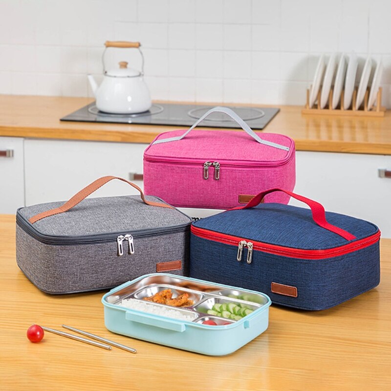 Insulated Lunch Box Bag with Handle Double Zipper Portable Mini Cooler Square Flat Style Thermal Meal Tote Carrier for Work Scho