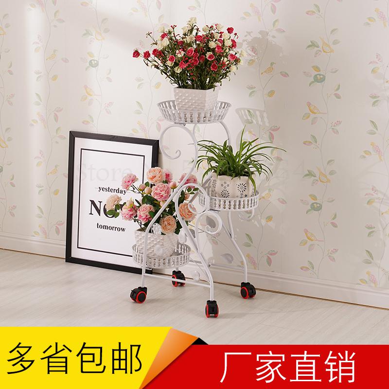 Multi-layered Wheeled Wrought Iron Mobile Flower Stand European-style Assembly Balcony Simple Corner Living Room Rack Garden