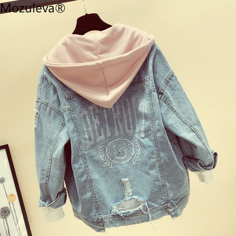 Mozuleva jean manteau femmes printemps automne style coréen coupe ample grande taille à capuche polyvalent hauts jean manteau et veste femmes
