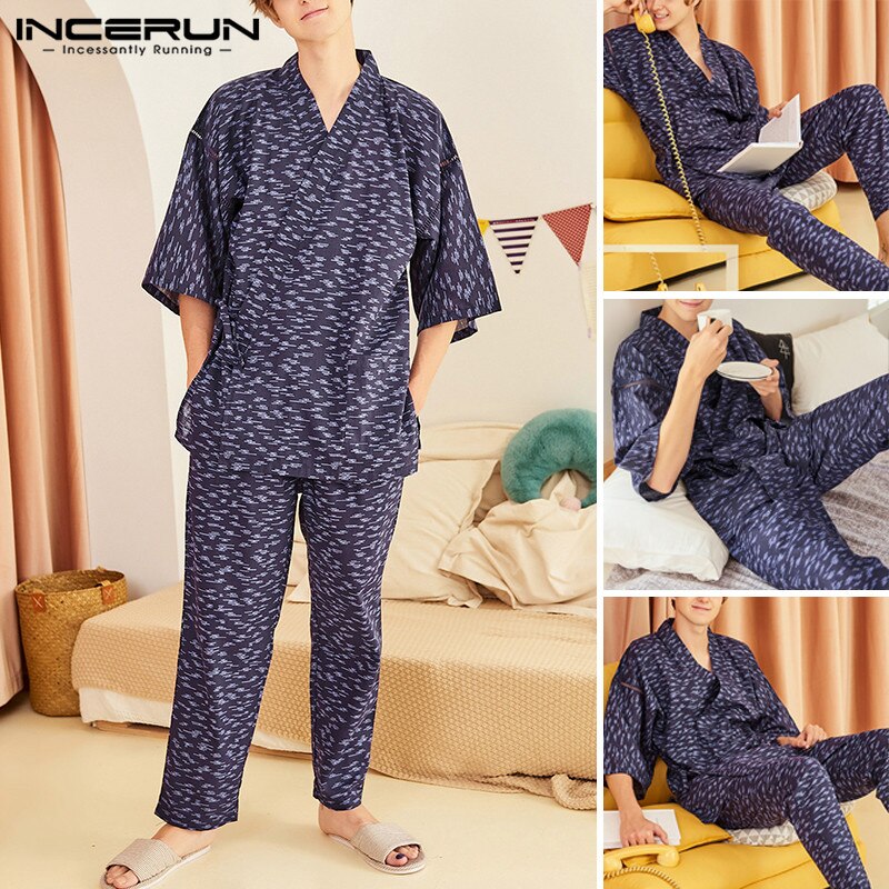 Mode Mannen Toevallige Nachtkleding Suits Mannen Gedrukt Pyjama Set Half Mouw V-hals Homewear Kimono Lange Broek Harajuku Nachtkleding