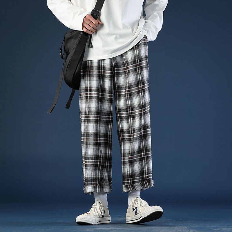 Pantalones a cuadros finos para hombre, ropa de calle informal Retro, salvaje, suelto, con cordón, M-3XL