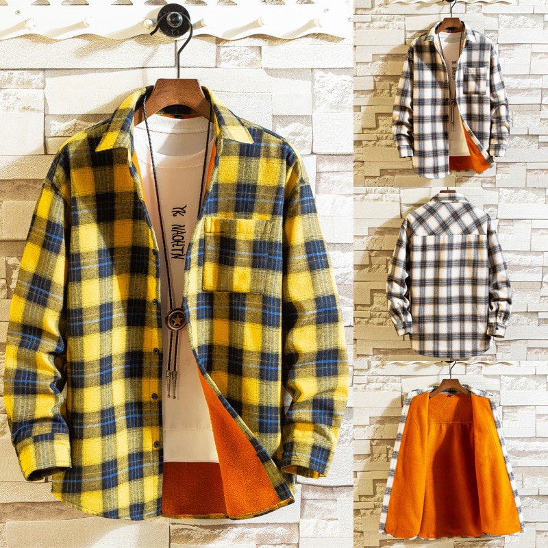 Men Clothes Men's Warm Shirt Plus Velvet Thick Youth Plaid Winter Undershirt Long Sleeve Youth Shirt