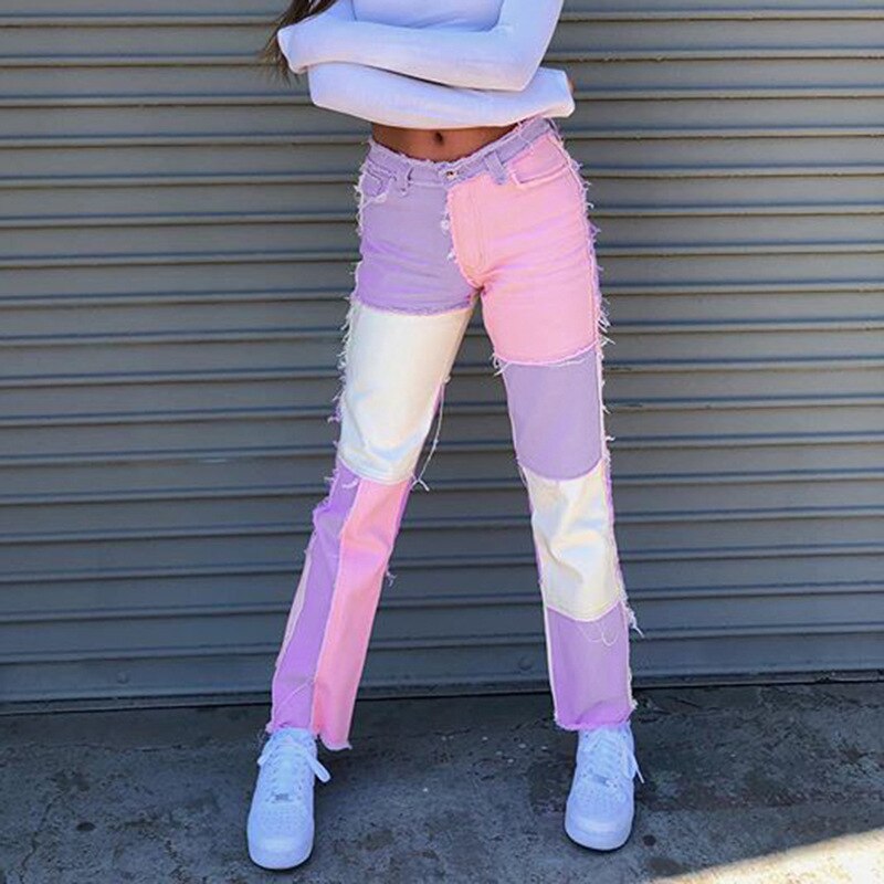 Ezgaga dames jeans kleurblok hoge taille kwast contrast patchwork broek casual streetwear denim broek dames zakken