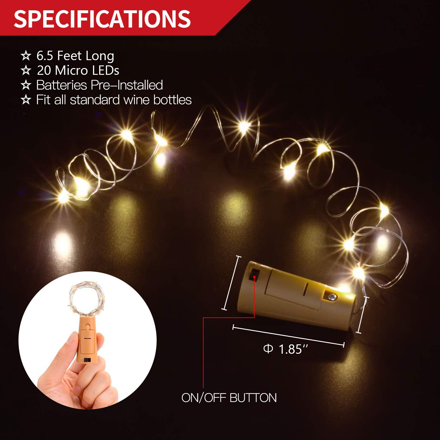 Cadena de luces led para botellas de vino con corcho, 20 luces led para botellas, batería de corcho para fiestas, bodas, navidad, halloween y decoración de bar.