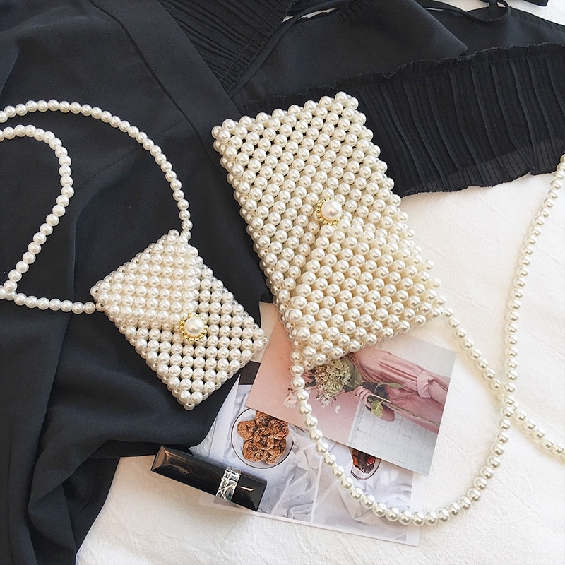 Damer kvinders håndlavede vævet perletaske hvide kvinder beaded læbestift lommepose