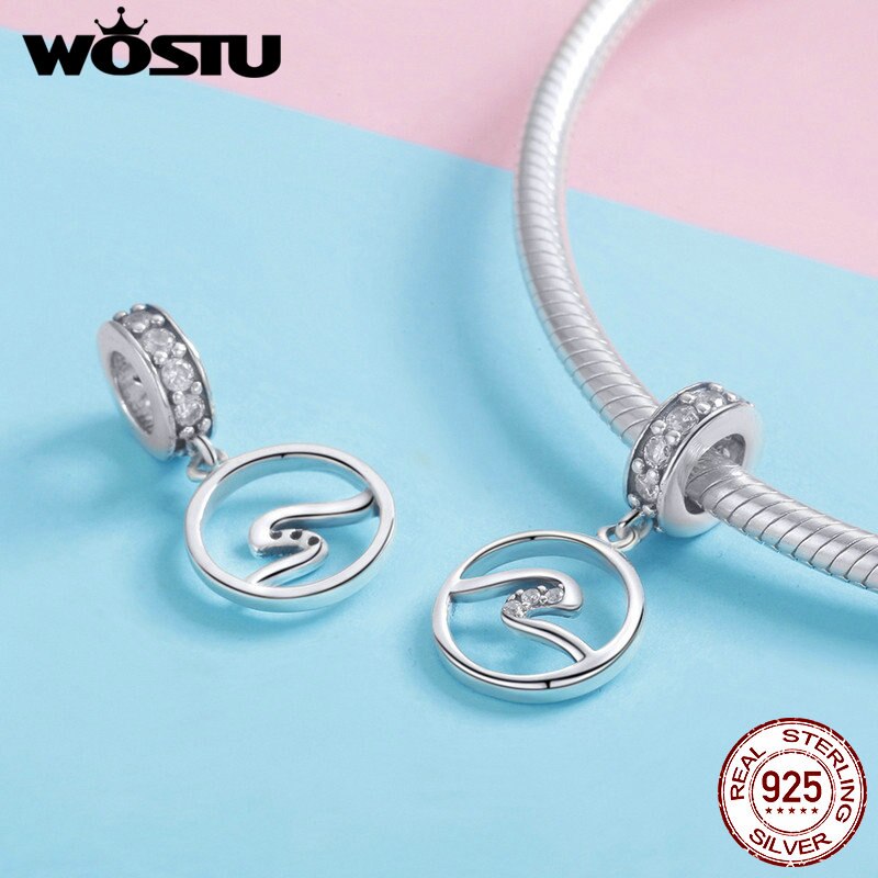 WOSTU 100% 925 Sterling Silver Wave Charm Fit Bracelet & Necklace Pendant Simple Original S925 Jewelry CQC1031