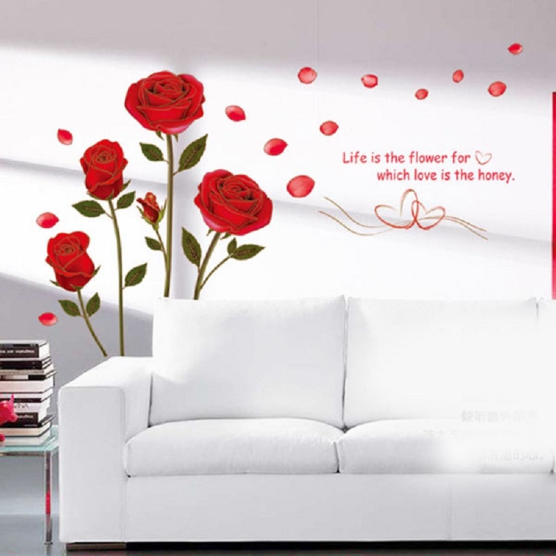 Removable Red Rose Life Is The Flower Quote Wall Sticker Mural Decal Home Room Art Decor DIY Romantic Delightful 6055