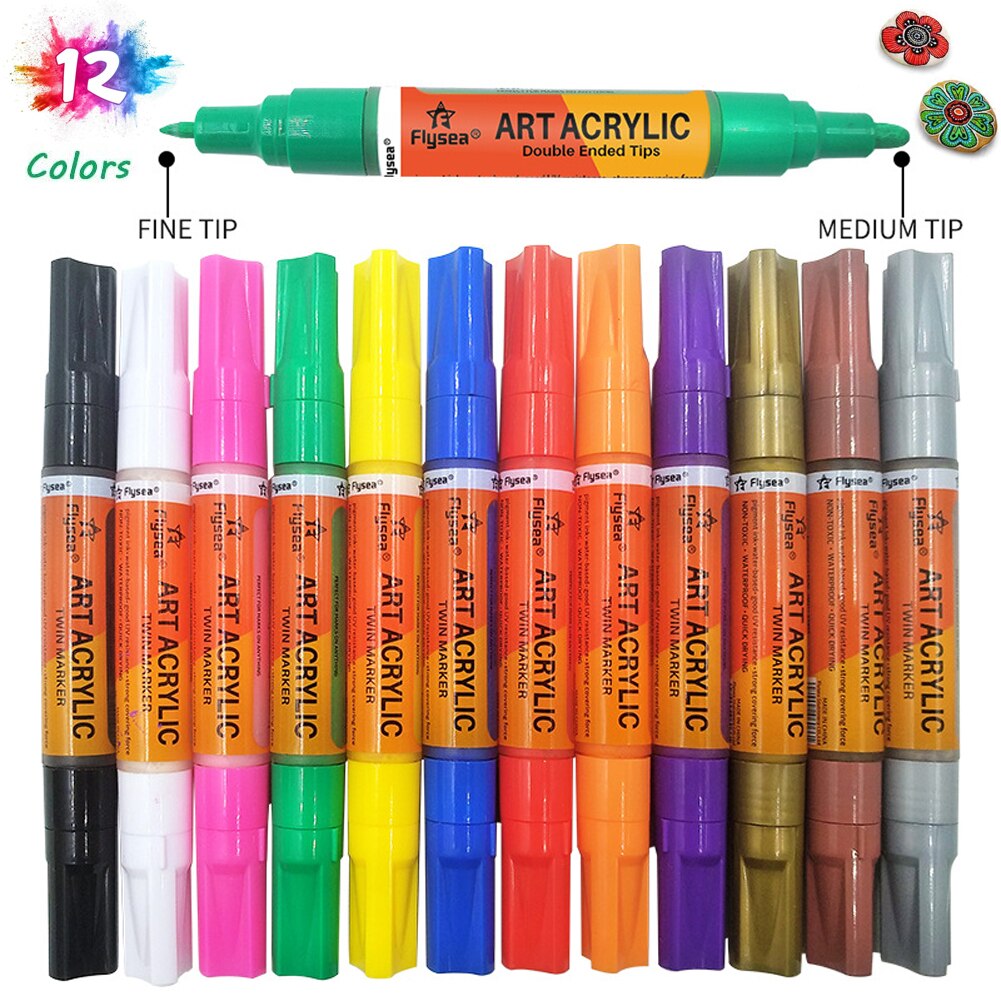 Acryl Verf Pennen, 12 Pack Acryl Verf Marker Pennen Waterdichte Acryl Marker Pennen Set 0.7Mm &amp; 3 Mm Tips, diy Ambachtelijke Verf Pennen