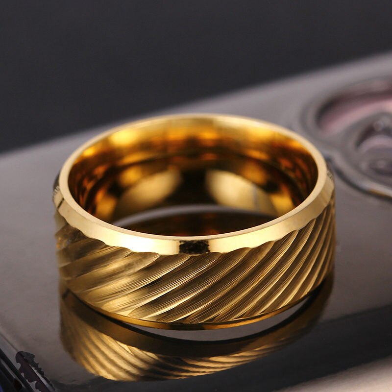8mm Gold Color Stainless Steel Ring Water Wave Rings For Man and Women