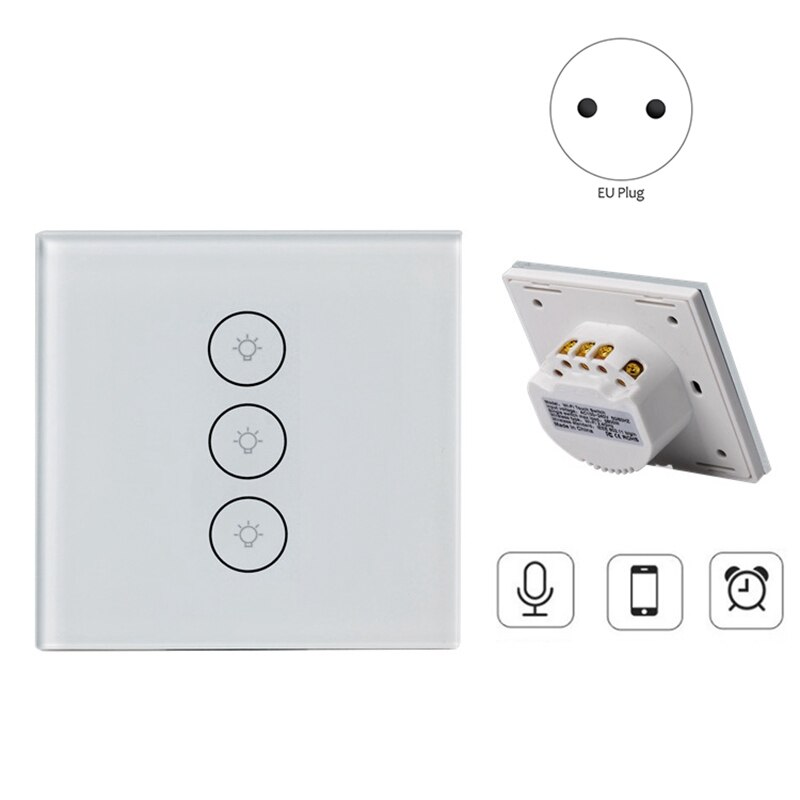 EU Smart Light Switch, 3 Gang 1 Way Wifi APP Remote Control Wall Press Switch, Tempered Glass Press Sn AC 100-240V