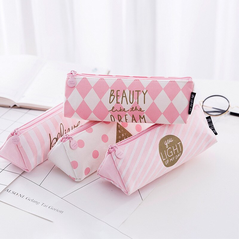 Pink canvas pencil case large capacity Kawaii pen case for girls school Pencil cases student stationery box cute Storage bag