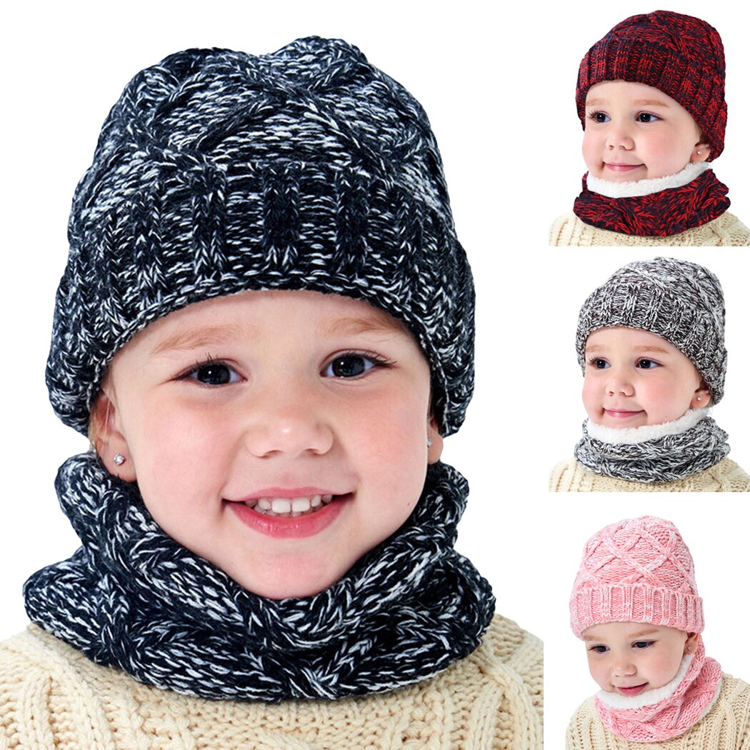 Warm Fleece Knitted Beanie Caps Snood Set Winter Outdoor Baby Kids Hat Scarf Children Hats Skullies Boys Girls Ski Caps Bonnet