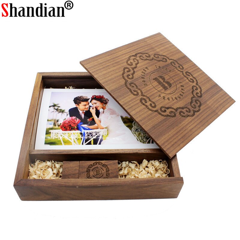 Shandian 1 stuks gratis logo walnoot foto uniek album hout usb + doos geheugenstick pendrive 8gb fotografie trouwstudio 170*170*35mm