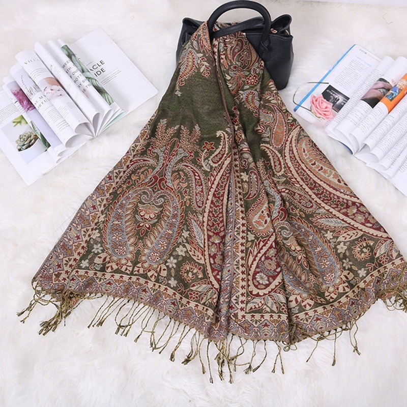 neue Böhmen Stil Frauen Doppel Seite Paisley Seidige Pashmina Schal wickeln Schal Dame ethnisch Jacquard gesäumten Reise schal