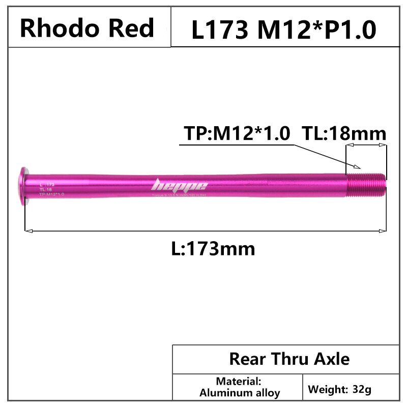 HEPPE – axe de moyeu arrière multicolore pour vtt et vélo de route, brochettes 12x142/12x148, 173mm M12xP1.0, dégagement rapide: Rhodo Red Color