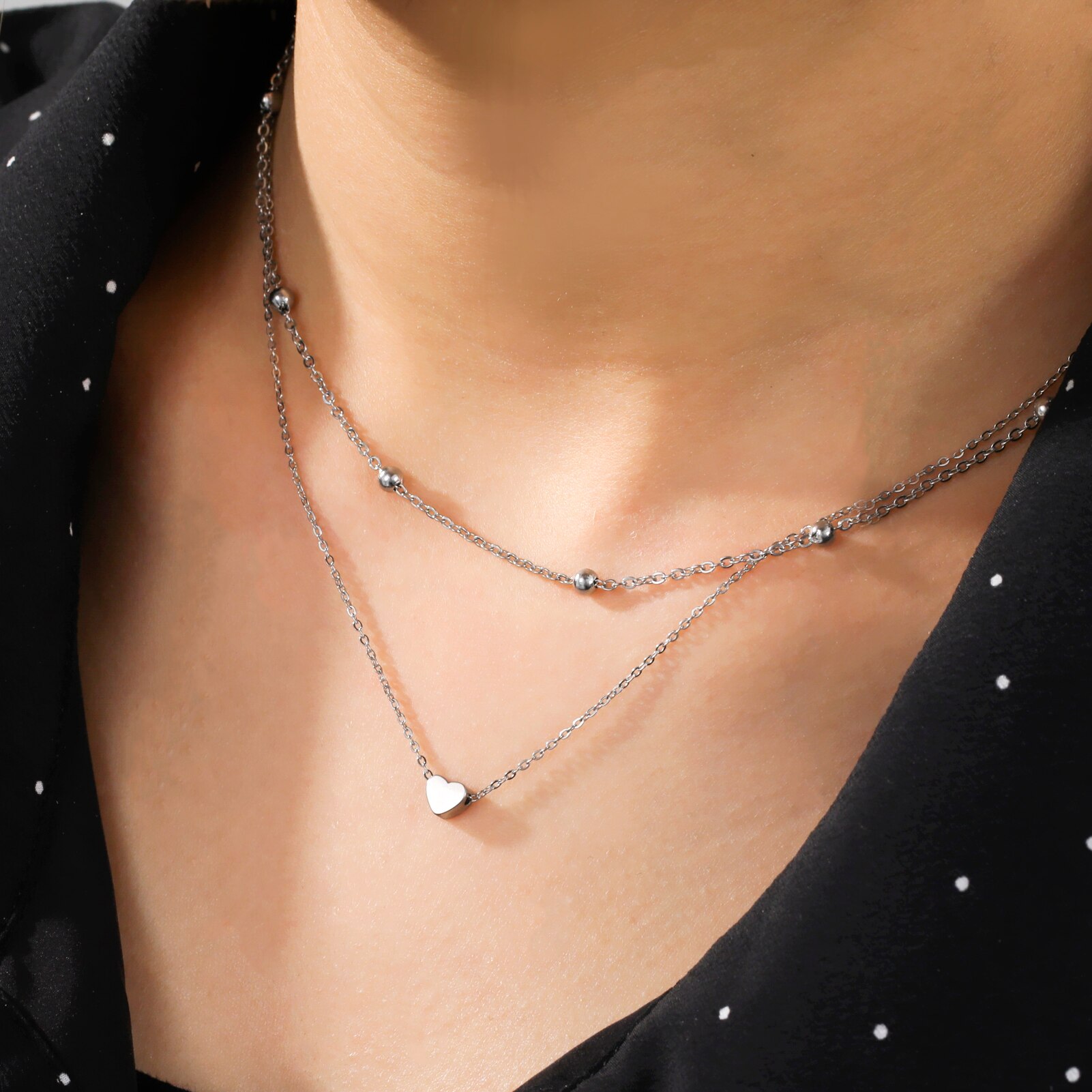 Skyrim Tiny Heart Choker Necklaces Stainless Steel Double Layered Beads Chain Necklace Women Aesthetic Jewelry Mother Day