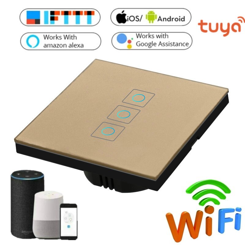 1/2/3 Gang Wireless Wifi Smart Wall Switch Tempered Glass Light Switch APP Control Voice Control Work For Alexa Google Home: tuya 3 gang gold