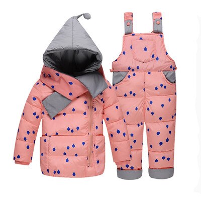 Baby pige vinter dun tøj sæt vinter dot print hætteklædte nyfødte spædbarn bebes carter sne outwear frakke + overalls bukser + tørklæde: Lyserød