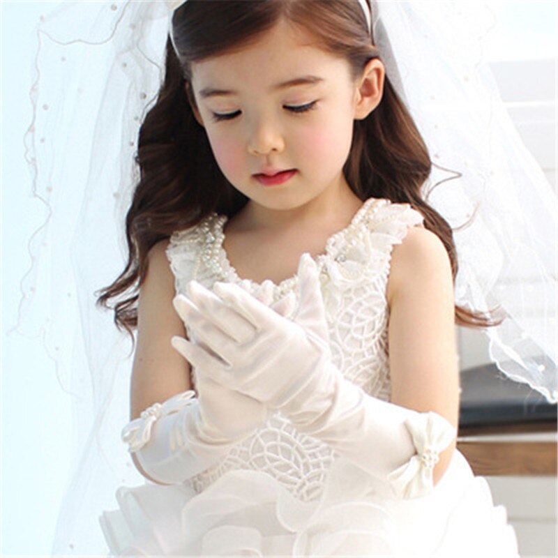 Lange Handschoenen Zonnebrandcrème Satijn Kids Meisjes Handschoenen Voor Party Wedding Dansvoorstelling Meisje Boog Handschoenen Baby Kinderen Jurk Accessoire
