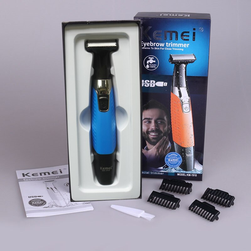 Kemei-Afeitadora eléctrica KM-1910 para hombres, recargable por USB recortador de barba, herramienta de afeitado Facial con una sola hoja, 47D: with box-blue