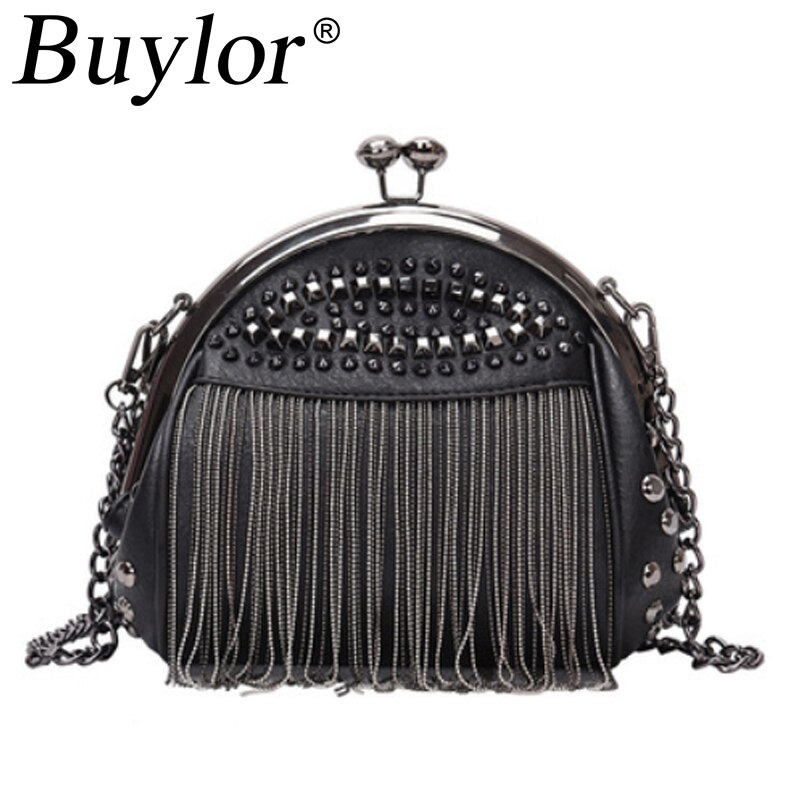 Buylor Black Chains Shoulder Bags for Women Luxury Small Rivet Tassel Cross Body Bag