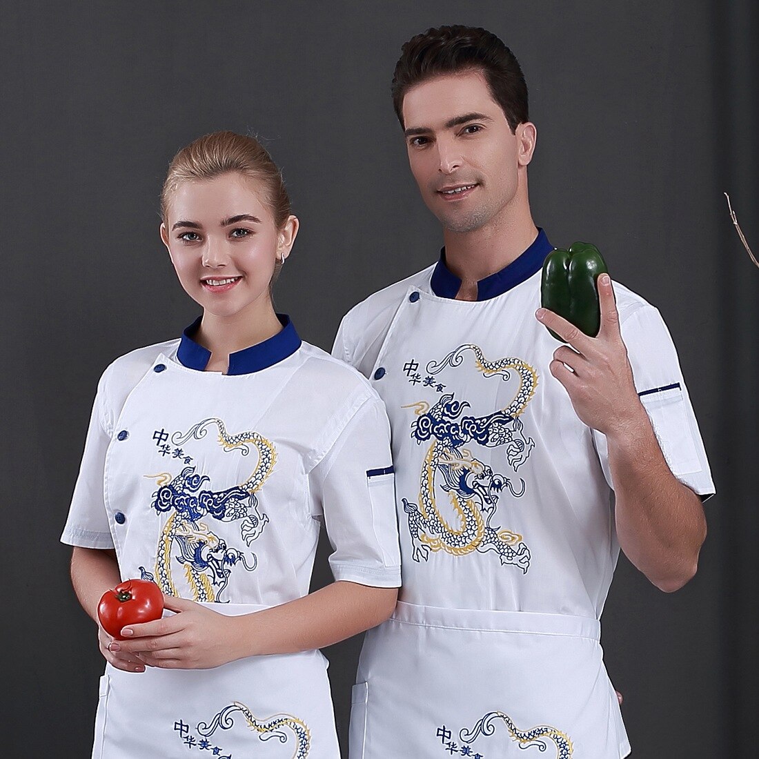 Cook Clothes Dragon Printed Chef Coat Short Sleeves Chef Uniform Bakery Waiter Work Uniform Catering Kitchens Tunic Overalls