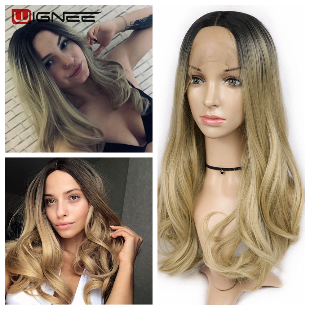 Wignee Long Wavy Synthetic Wig Lace front For Women Heat Resistant Long Hair Wig Middle Part Natural Ombre Ash Blonde Hair Wigs