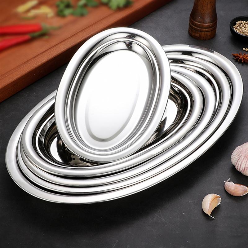 1pc Stainless Steel Dinner Plate Restaurant Serving Plate Oval Steaming Fish Plate Snack Dessert Dish Kitchen Service Tray