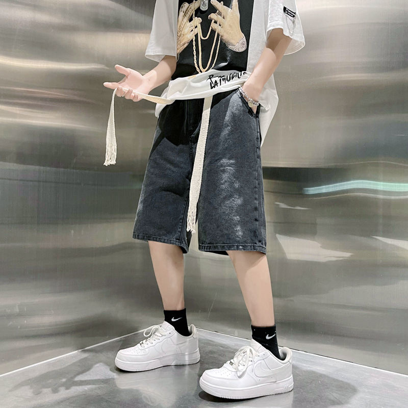 Summer Blue Black Denim Shorts Men Casual Drawstring Denim Shorts Mens Streetwear Loose Straight Jeans Shorts Men S-3XL