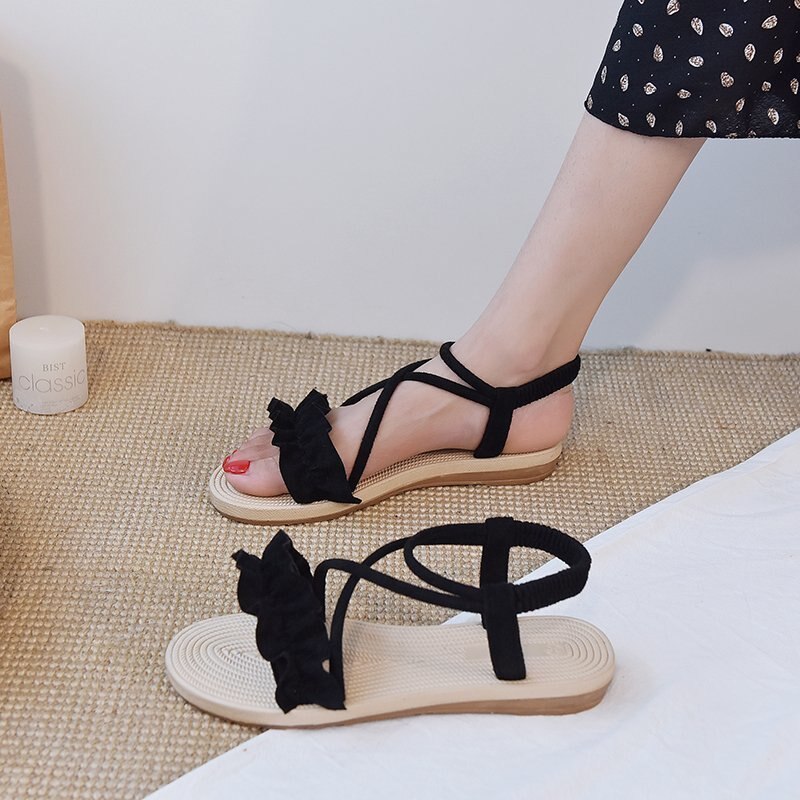 Summer Women's Shoes Sandals Elastic Flat Solid Casual Sandals Strappy Gladiator Beach Sandals Ladies Flip Flops