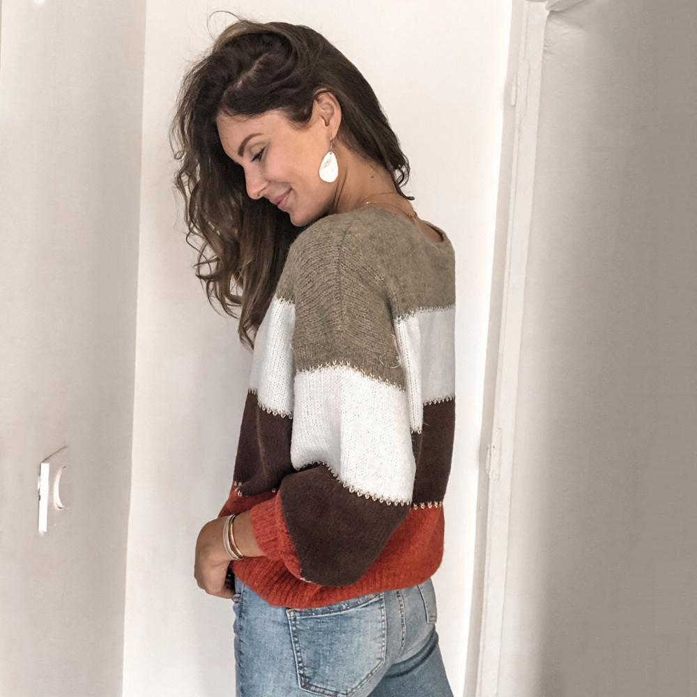 Suéteres casuales de retazos a rayas, ropa de mujer, ropa de calle de otoño e invierno, suéteres de punto sueltos, tops femeninos, llegaron