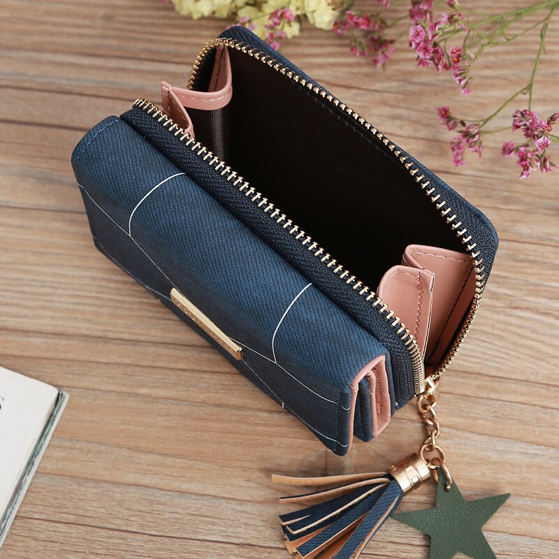 Women's short wallet PU leather female plaid wallet tassel card holder wallet woman small zipper wallet coin purse