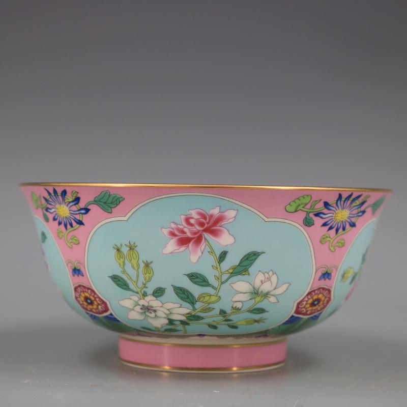 Qing Qianlong Roze Bloemen Gouden Kom Antieke Craft Porselein Woninginrichting Antieke Collectie