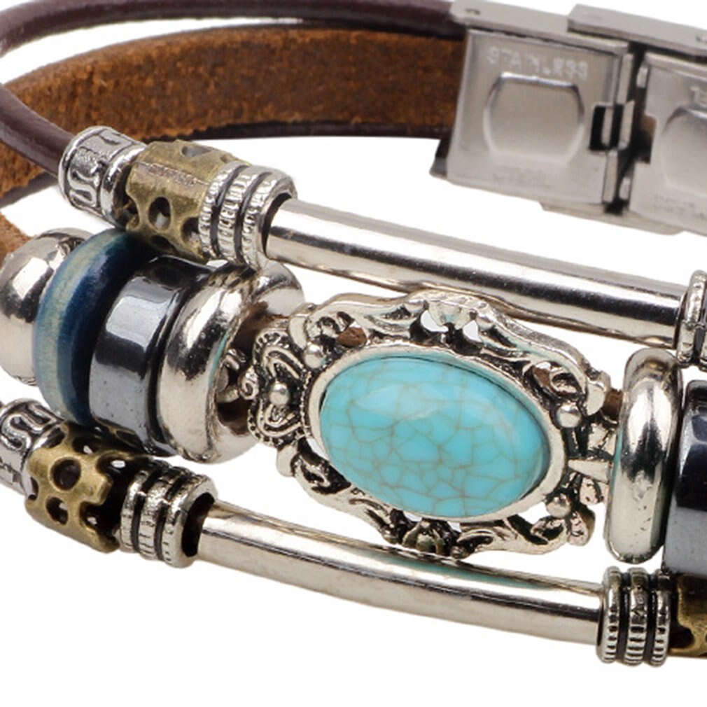 Vintage Flower Bracelets & Bangle Boho Multiple Layers Leather Bracelet For Women Man Wrap Female Charm Punk Jewelry