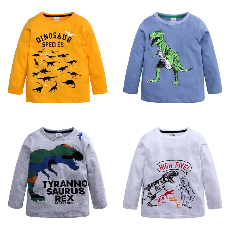 T-Shirt manches longues garçon | Vêtement de printemps et d'automne, avec motif de dinosaure, pour enfants de 2-13 ans