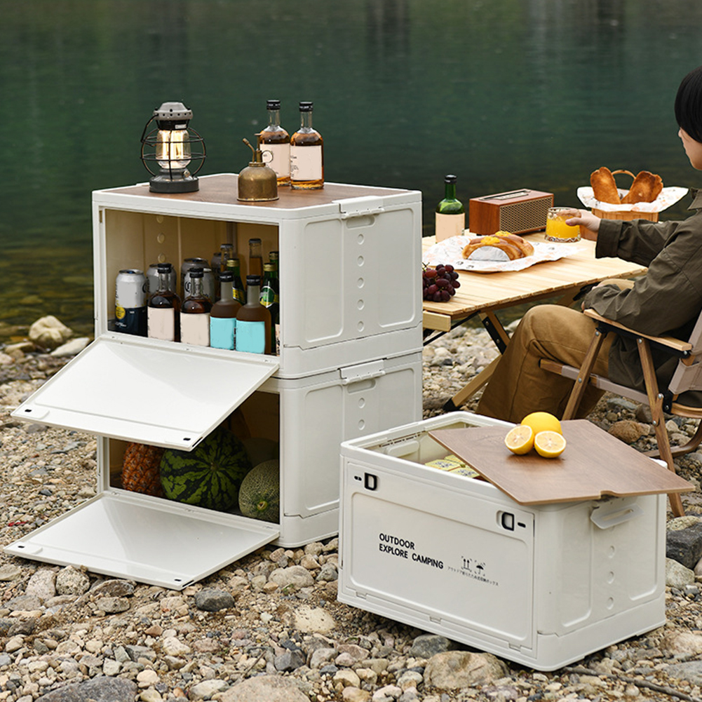 30L faltbare Aufbewahrungsbox mit Holzdeckel, Kunststoff-Aufbewahrungsbehälter mit großem Fassungsvermögen, multifunktional, zum Aufbewahren von Picknickzubehör, Snacks und mehr