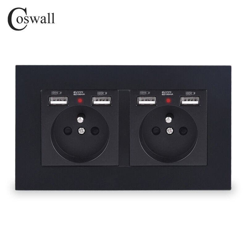 Coswall 2- bånd fransk standard stikkontakt med 4 usb-opladningsport skjult blød led-indikator  e20- serie pc-panel sort hvid grå