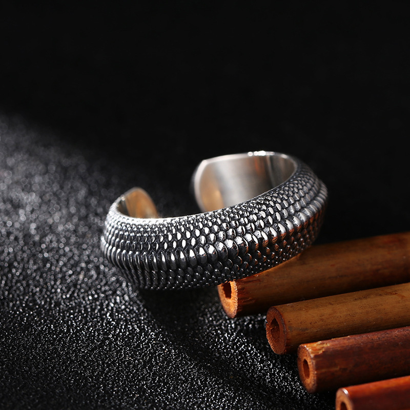 Personalità semplice anello in argento 925 accessori per dito indice maschile Retro Geometry Pattern anello in scala di drago per gioielli da uomo aperti