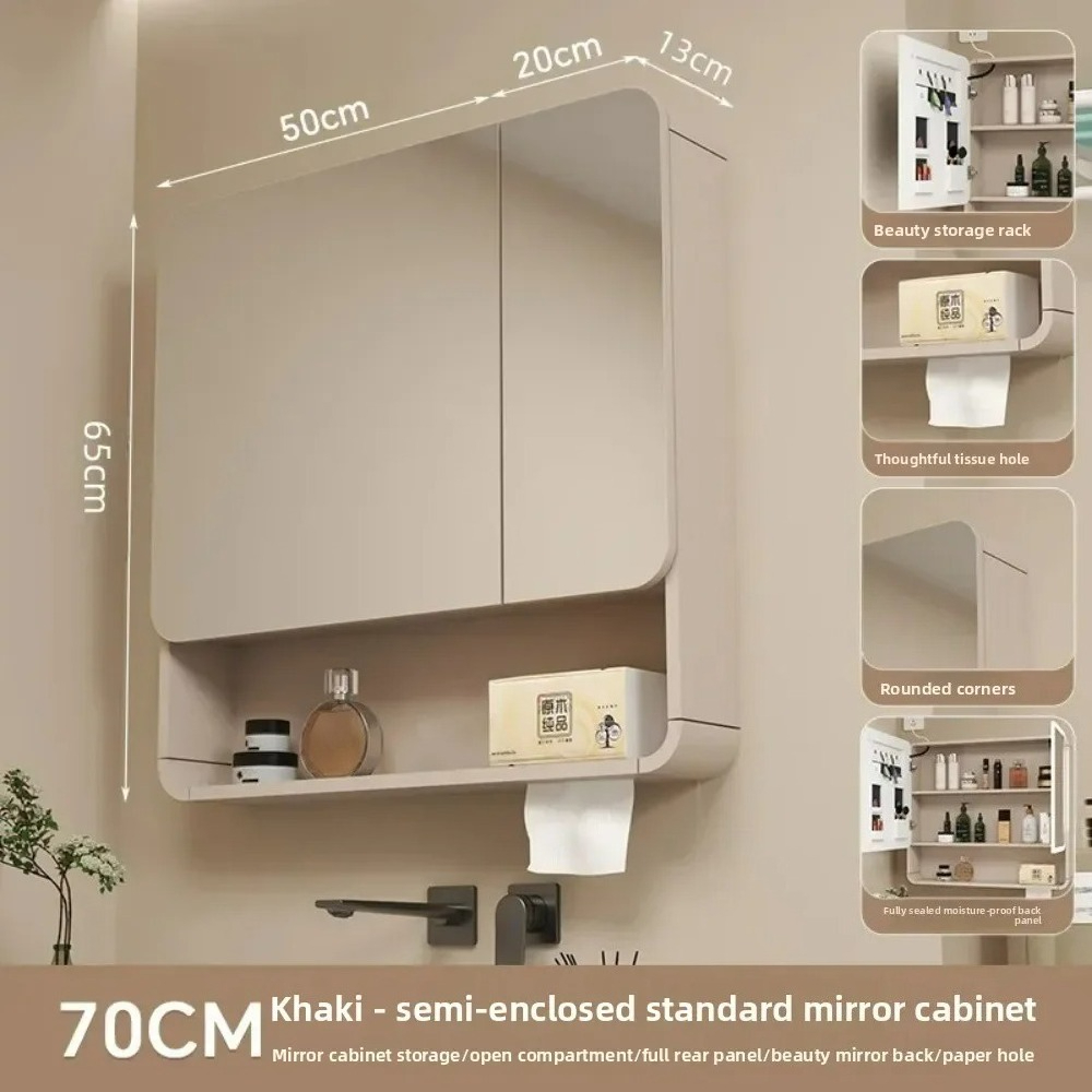 LED Bathroom Mirror Cabinet Anti Fog Wall Mounted Storage Mirror Carbon Fiber Rounded Corner Makeup Mirror:  Light Yellow