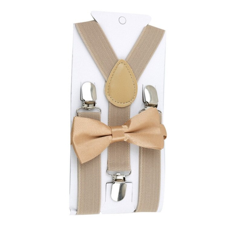 Kids Suspenders With Bowtie Children Bow Tie Set Boys Braces Girls Adjustable Suspenders Baby Wedding Ties Accessories: Beige