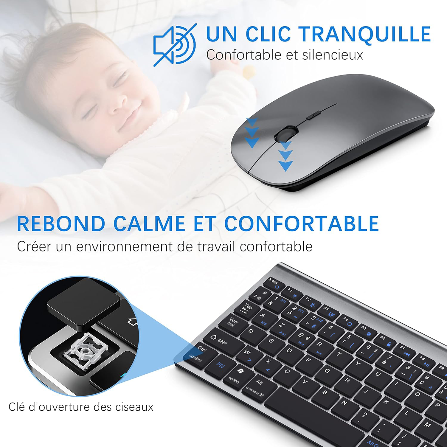 AZERTY-Layout, französische, ultraschlanke Dual-Modus-Bluetooth-Tastatur- und Maus-Kombination mit drei Kanälen für PC, Laptop, Windows, iOS, Mac und Android