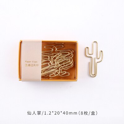 8pcs/box Cute Metal Paper Clips Flamingo Cactus Shaped Cartoon Binder Clip Kawaii Unicorn Planet Bookmark Memo Clips Stationery: 8pcs cactus