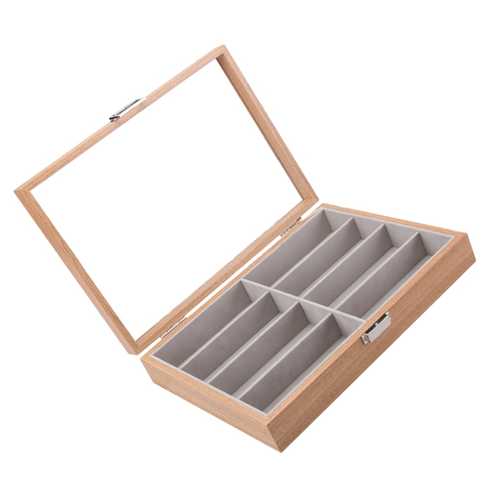 8 Slot Wooden Eyeglass Box Sunglass Storage Container Inner Felt Pad Glasses Display Case Transparent Glass Window